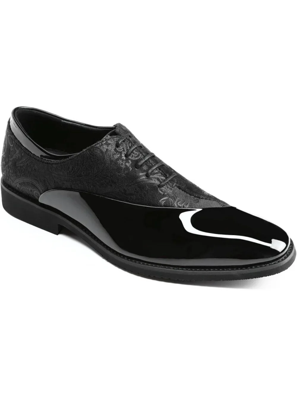 Men's Black Elegant Rubber Sole Lace Up Patent Velvet Tuxedo Formal Oxford Shoes